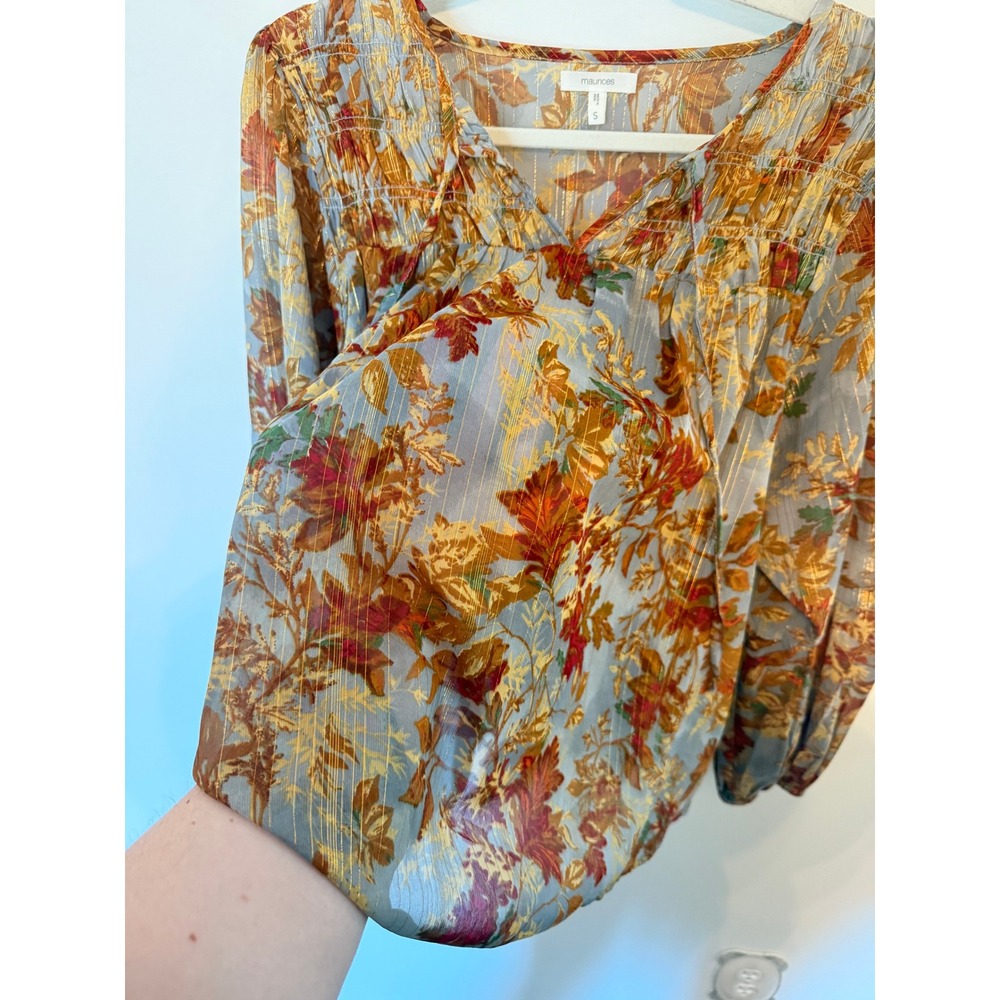 Maurices • Floral Metallic Blouson Peasant Blouse Top Orange Blue Small Boho - Picture 6 of 8